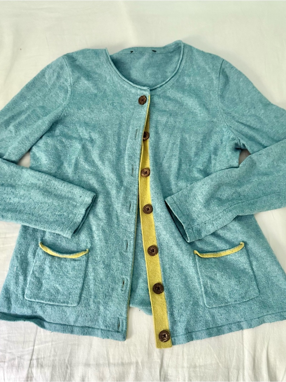 Light Teal Button Front Cardigan with Yellow Trim